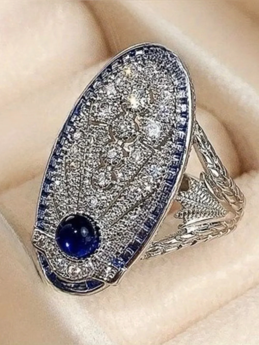 Anthropologie Art Deco Style Blue Cabochon Pavé Crystal Statement Ring Size 7